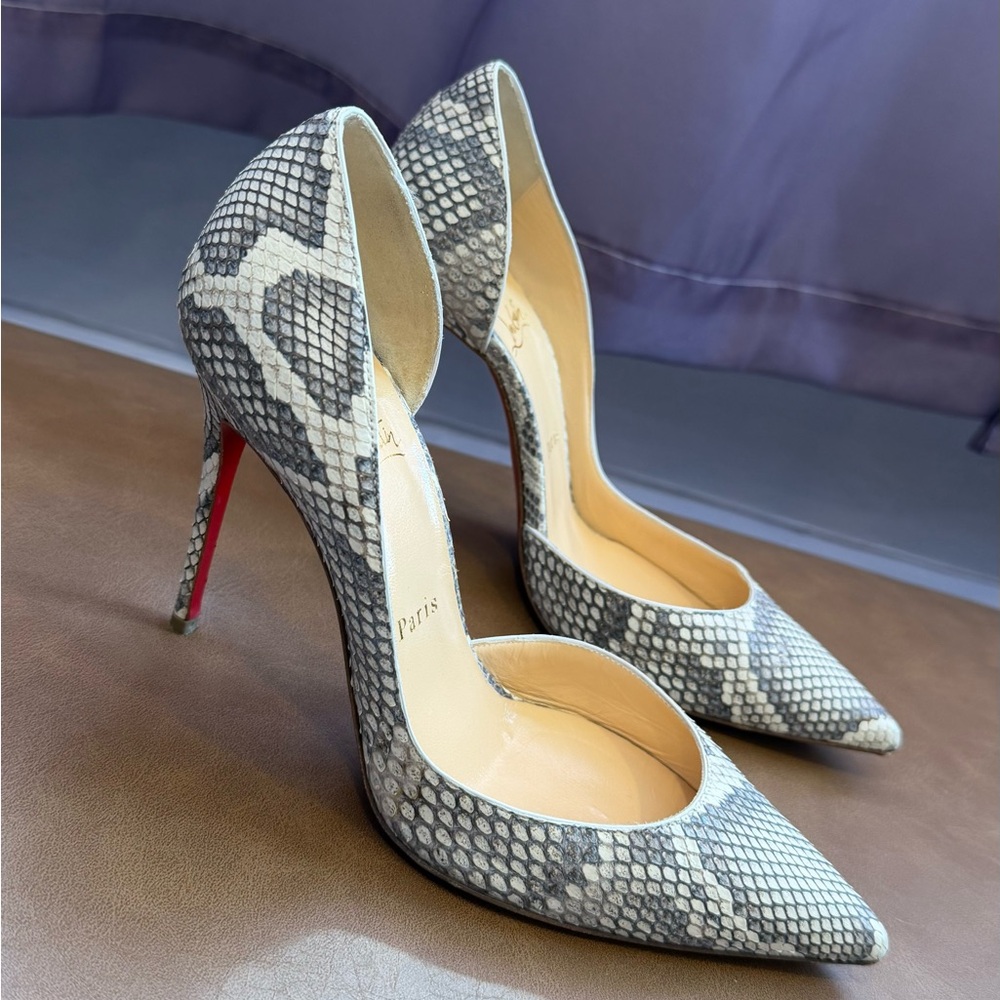 Christian Louboutin Grey Snakeskin Pointed-Toe Stiletto Pumps with Red Sole